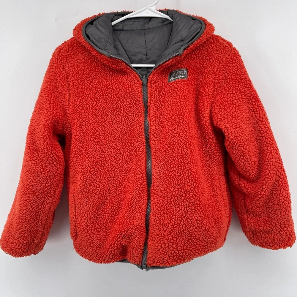 Eddie Bauer Reversible Fleece‎ Puffer Jacket Hooded Orange Gray Kids S